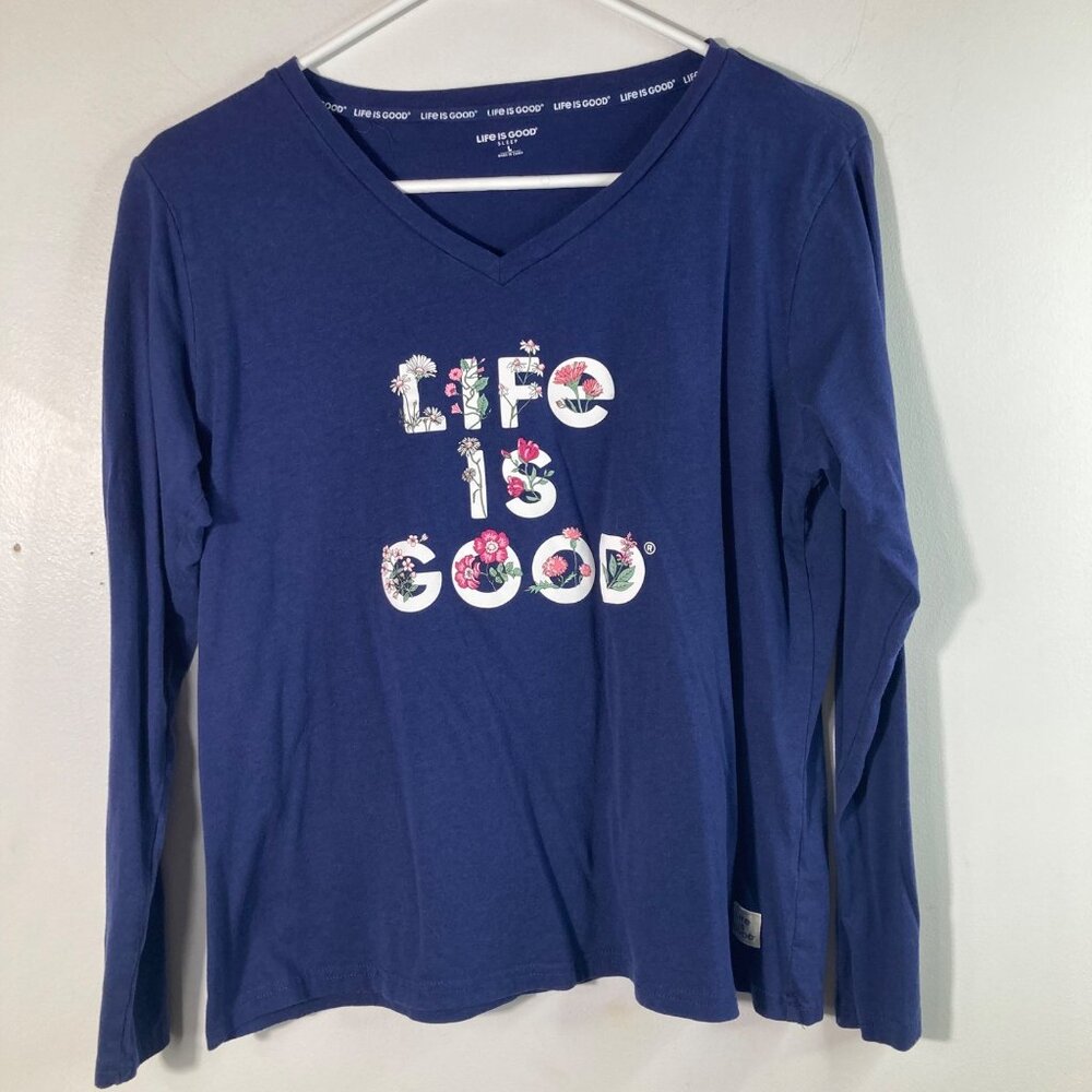 Womens Life Is Good V Neck Floral Sleep Tee 3/4 Sleeve Navy L Cotton Modal